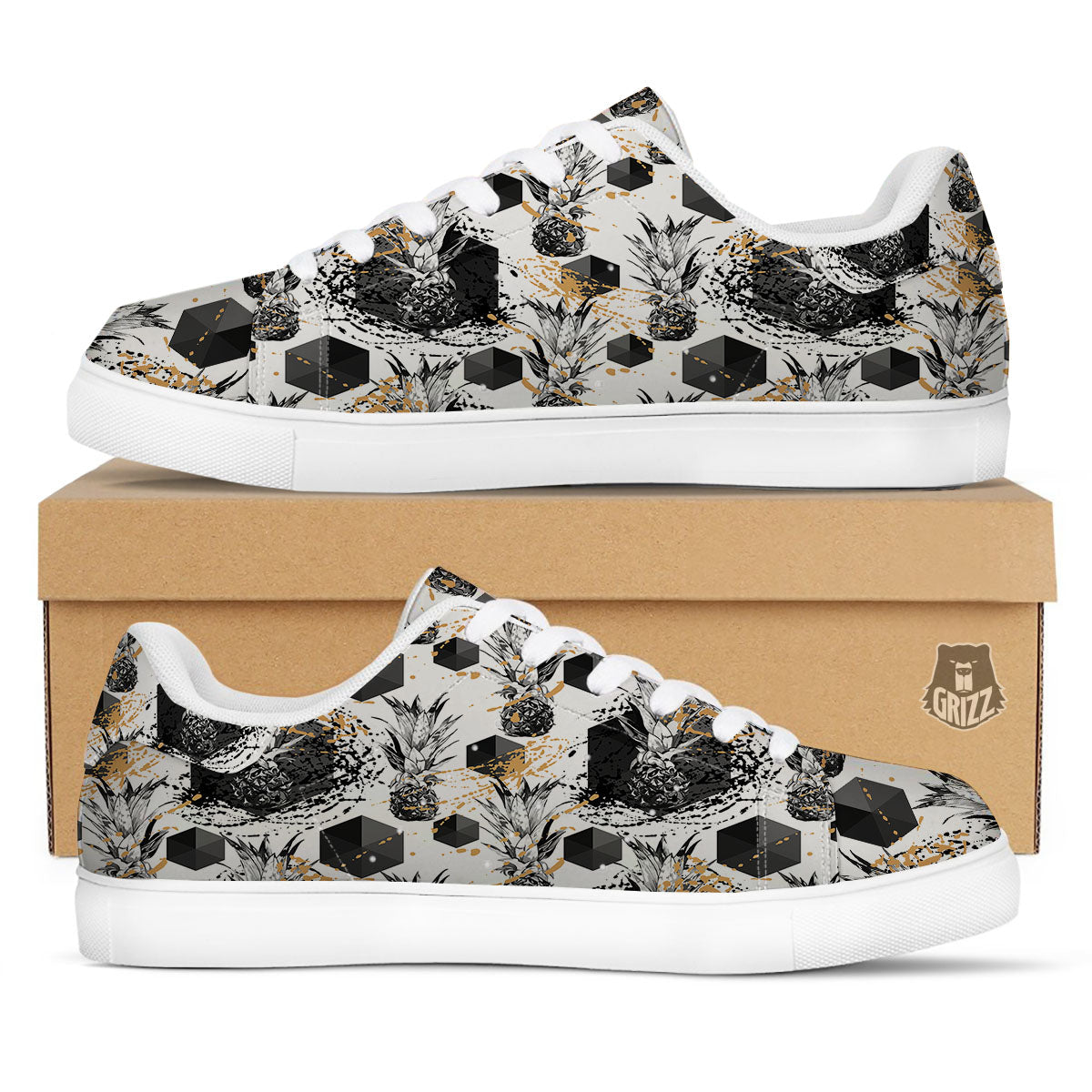 Pineapple Black Geometric Print Pattern White Low Top Sneakers-grizzshop