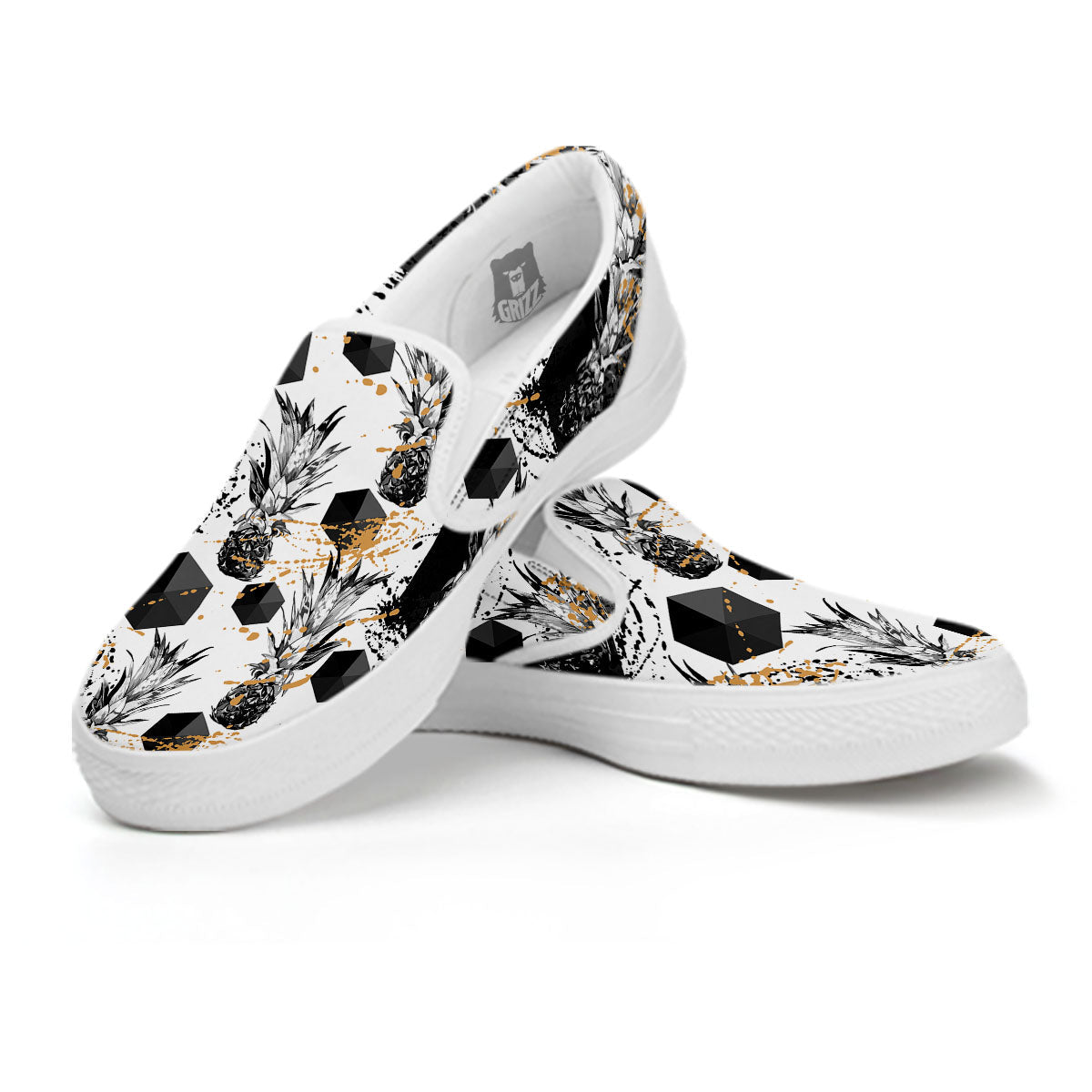Pineapple Black Geometric Print Pattern White Slip On Shoes-grizzshop