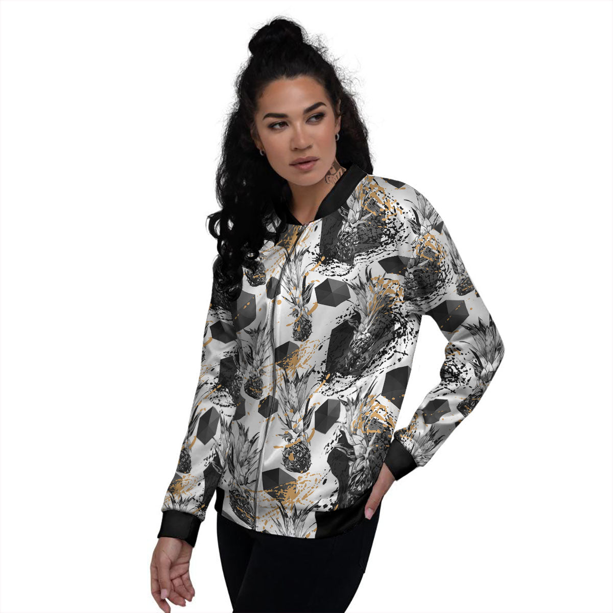 Pineapple Black Geometric Print Pattern Women's Bomber Jacket-grizzshop