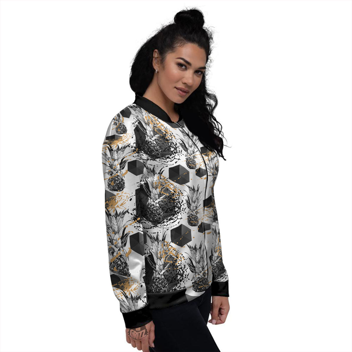 Pineapple Black Geometric Print Pattern Women's Bomber Jacket-grizzshop