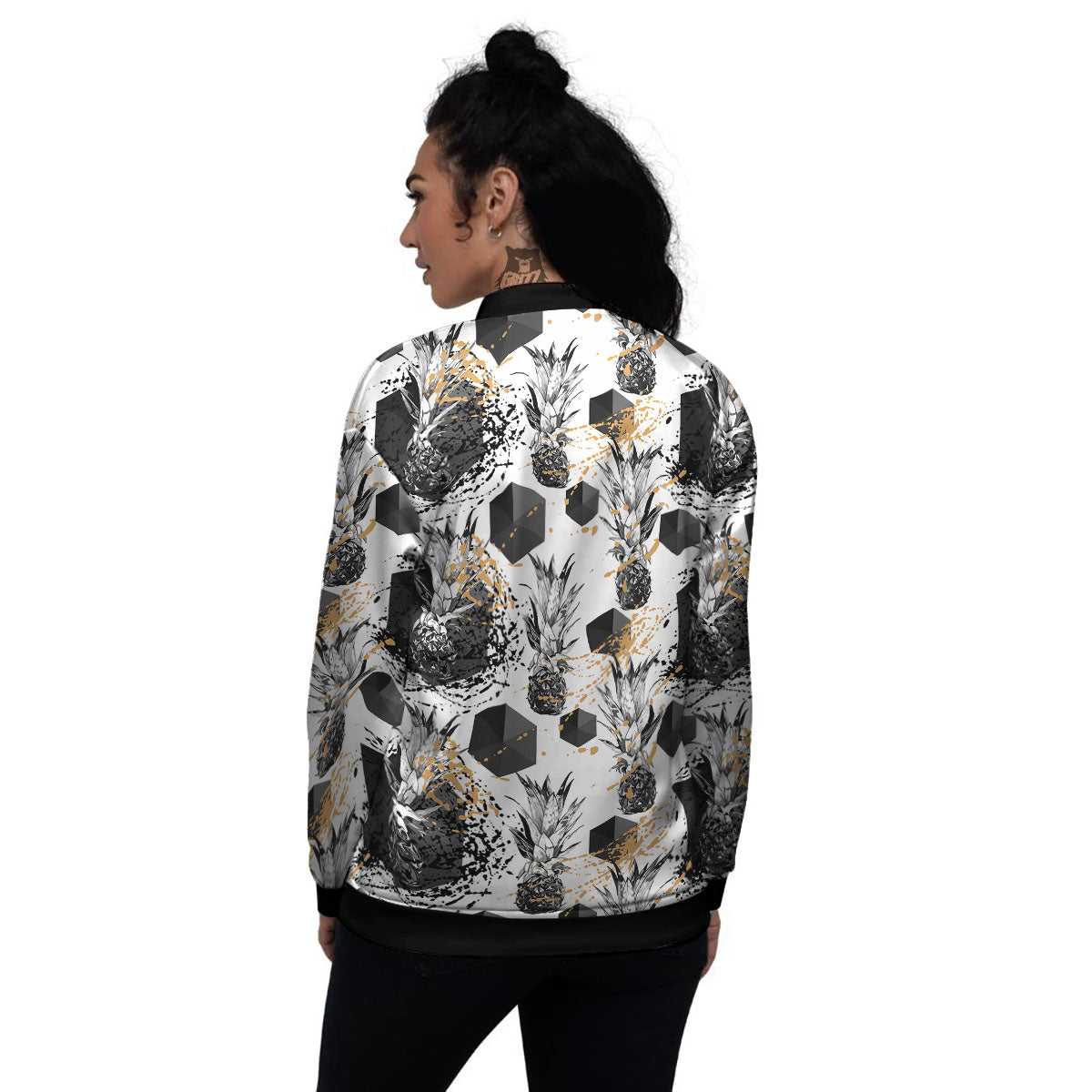 Pineapple Black Geometric Print Pattern Women's Bomber Jacket-grizzshop