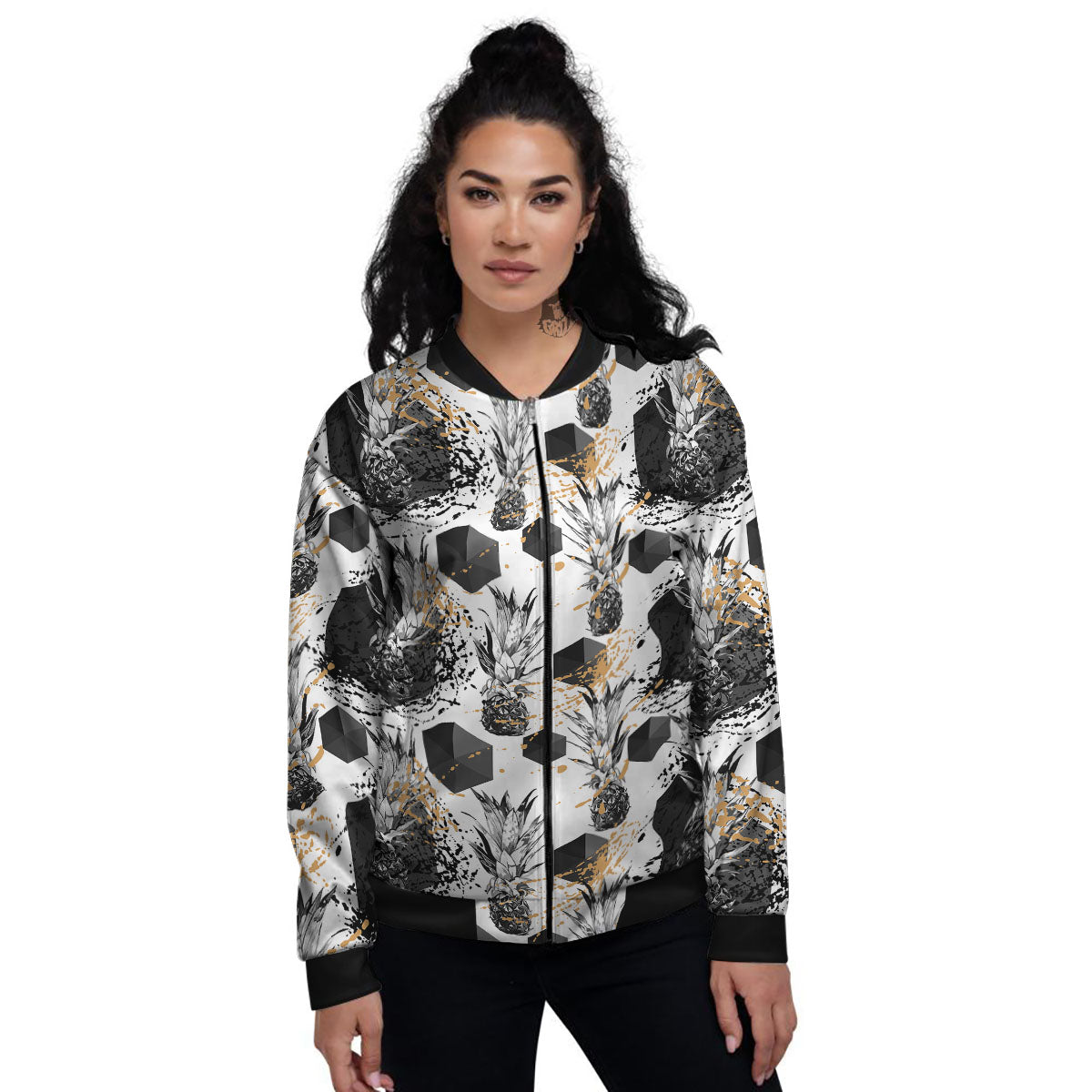 Pineapple Black Geometric Print Pattern Women's Bomber Jacket-grizzshop