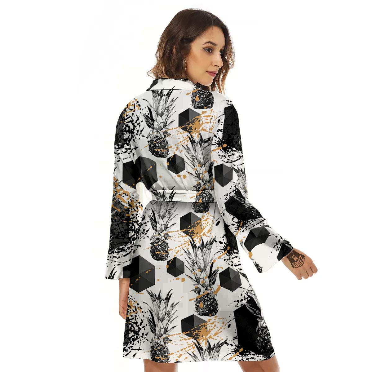Pineapple Black Geometric Print Pattern Women's Robe-grizzshop