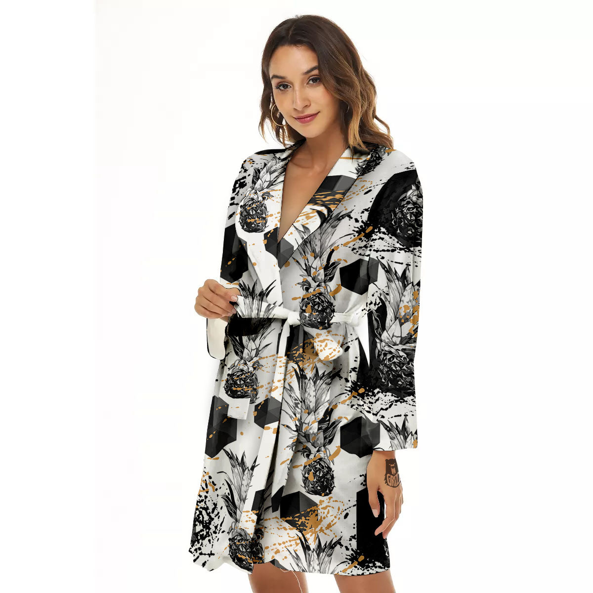 Pineapple Black Geometric Print Pattern Women's Robe-grizzshop