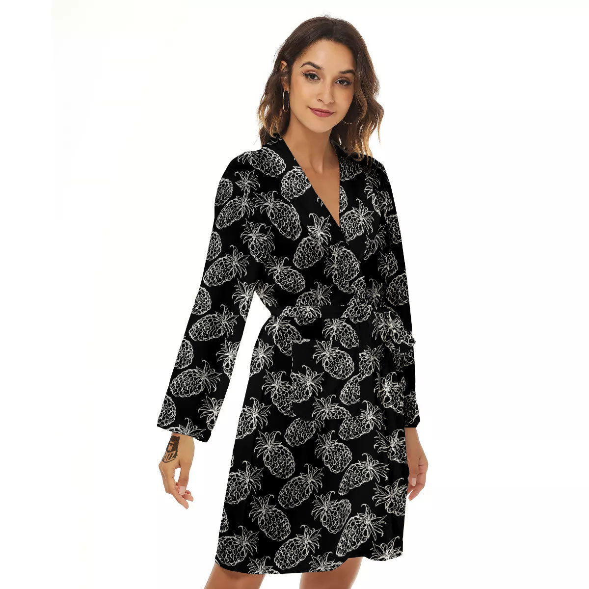 Pineapple Black Hawaiian Print Pattern Women's Robe-grizzshop