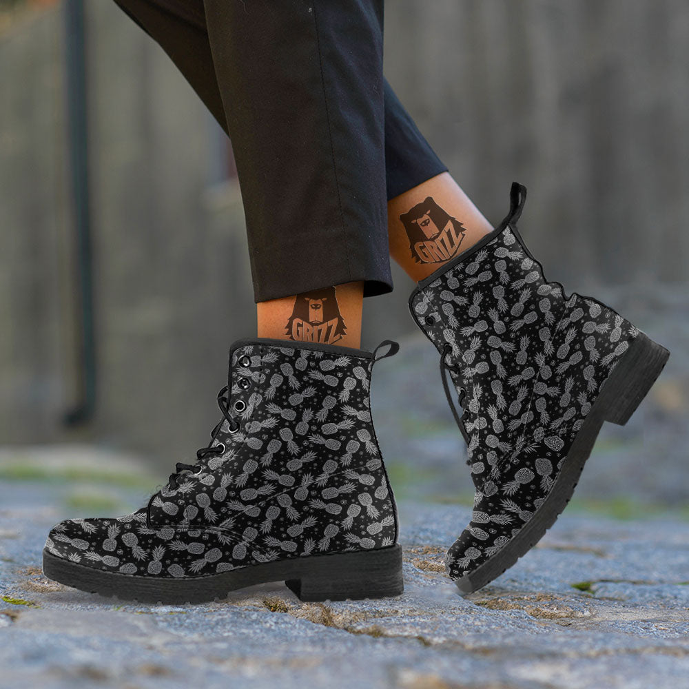Pineapple Black Print Pattern Leather Boots-grizzshop