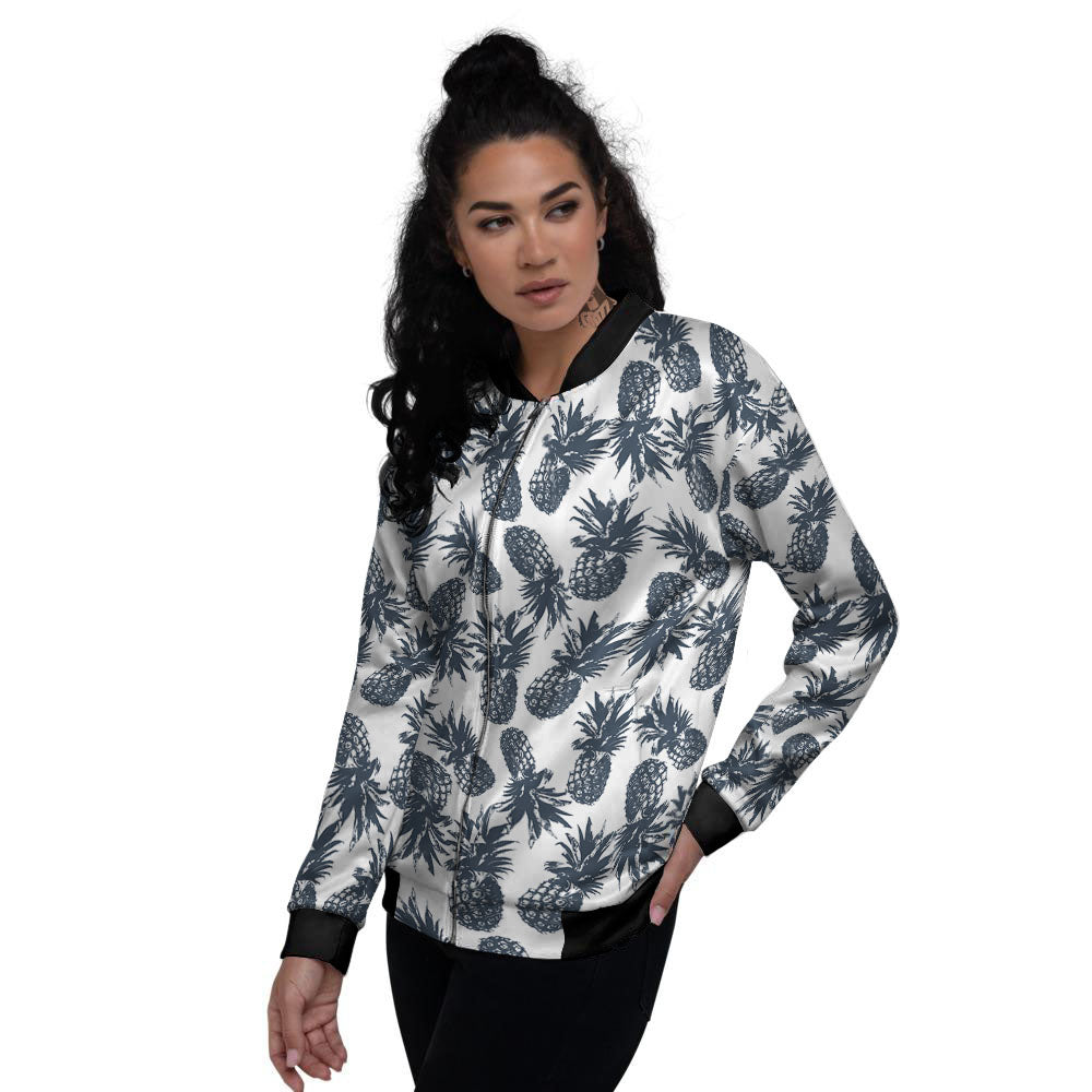 Pineapple Black Tropical Print Pattern Women's Bomber Jacket-grizzshop
