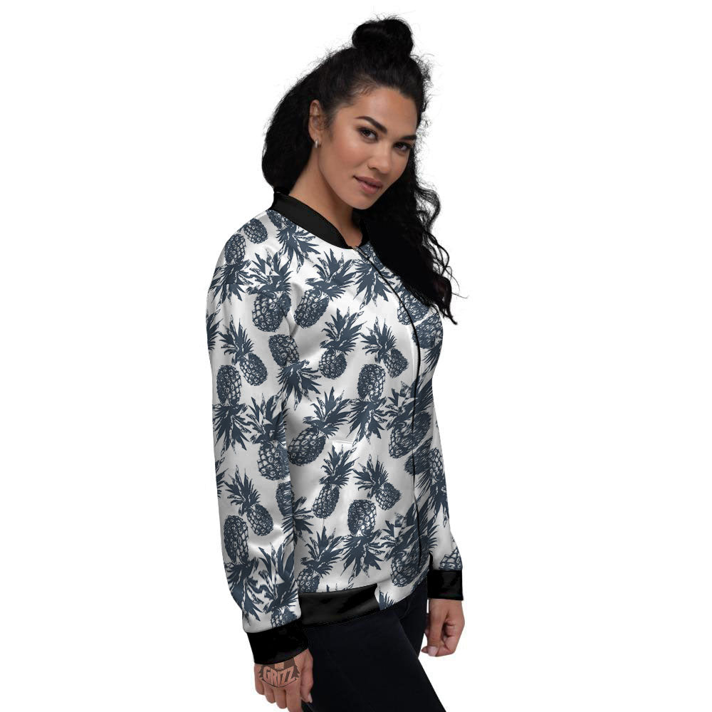 Pineapple Black Tropical Print Pattern Women's Bomber Jacket-grizzshop
