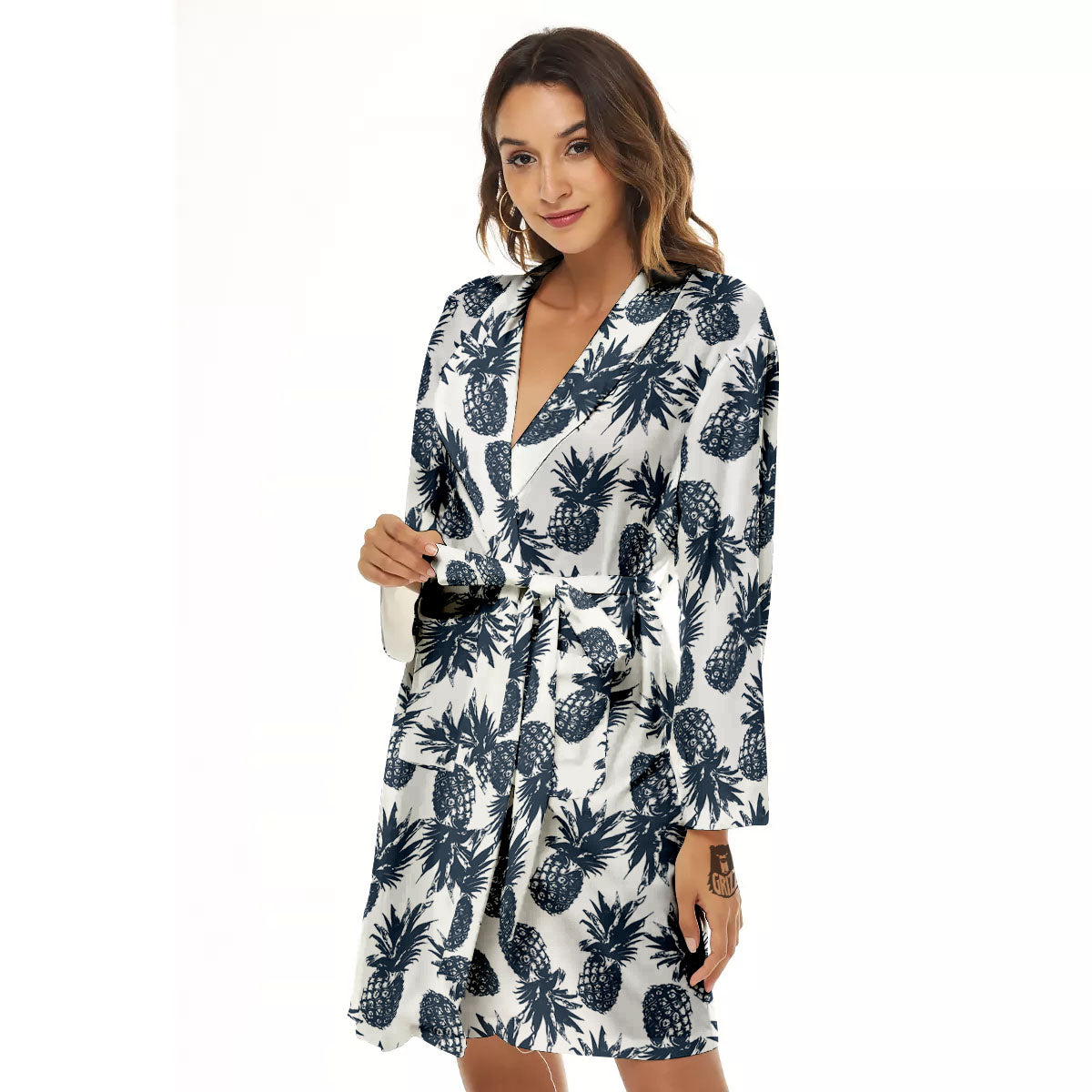 Pineapple Black Tropical Print Pattern Women's Robe-grizzshop
