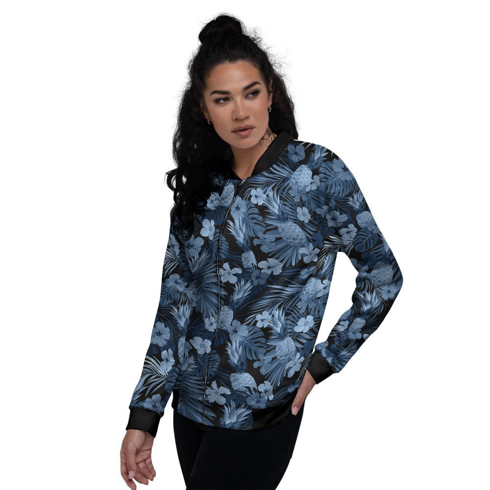 Pineapple Blue Aloha Print Pattern Women's Bomber Jacket-grizzshop