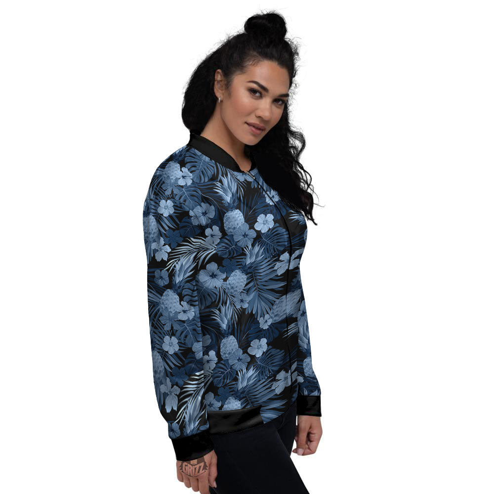 Pineapple Blue Aloha Print Pattern Women's Bomber Jacket-grizzshop