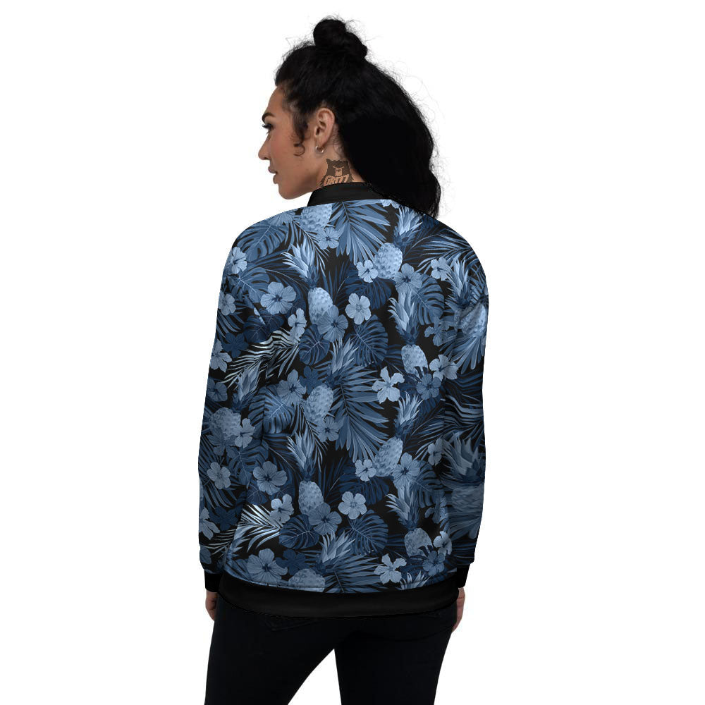 Pineapple Blue Aloha Print Pattern Women's Bomber Jacket-grizzshop