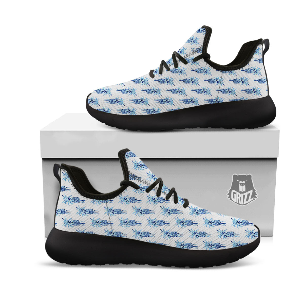 Pineapple Blue Leaf Print Pattern Black Athletic Shoes-grizzshop