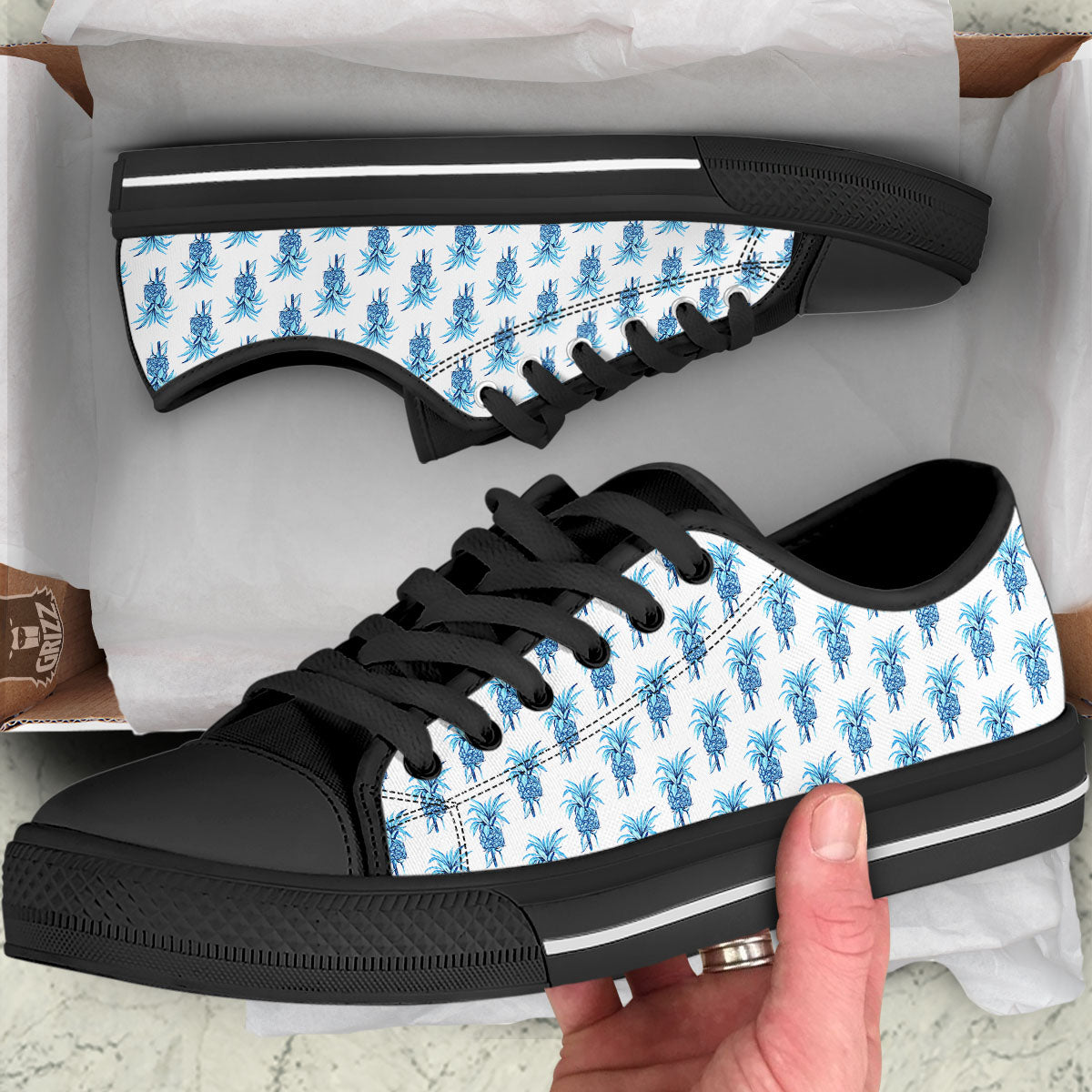 Pineapple Blue Leaf Print Pattern Black Low Top Shoes-grizzshop