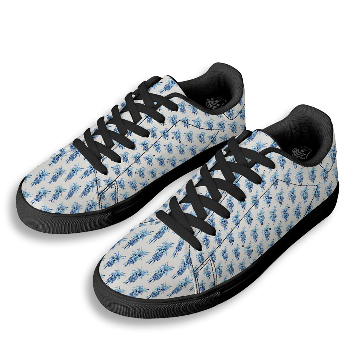 Pineapple Blue Leaf Print Pattern Black Low Top Sneakers-grizzshop