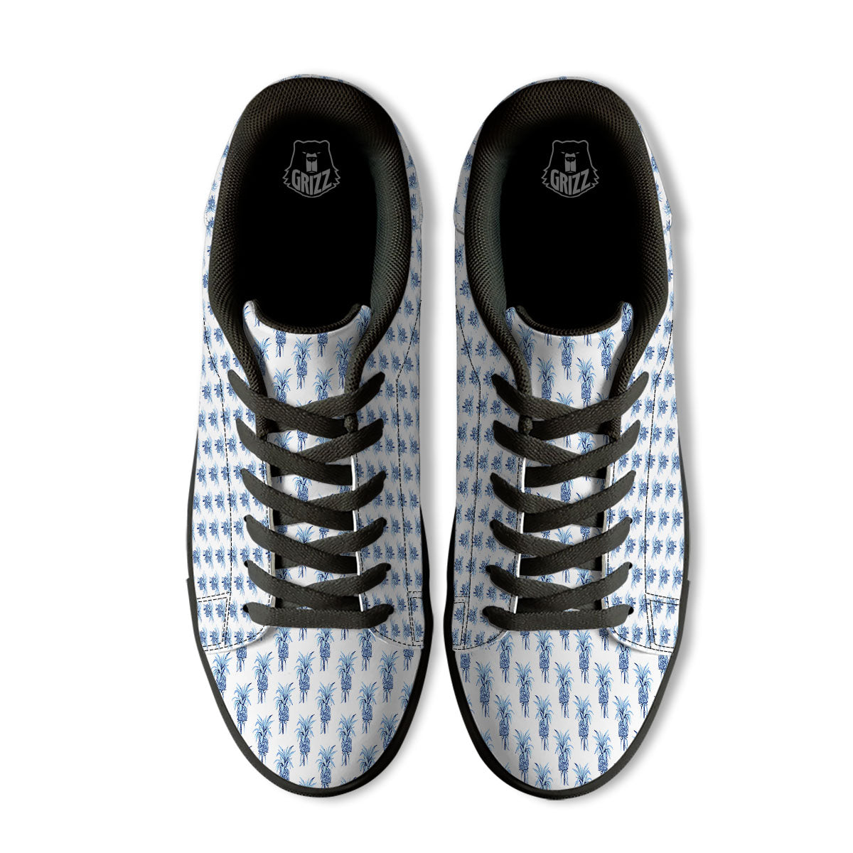 Pineapple Blue Leaf Print Pattern Black Low Top Sneakers-grizzshop