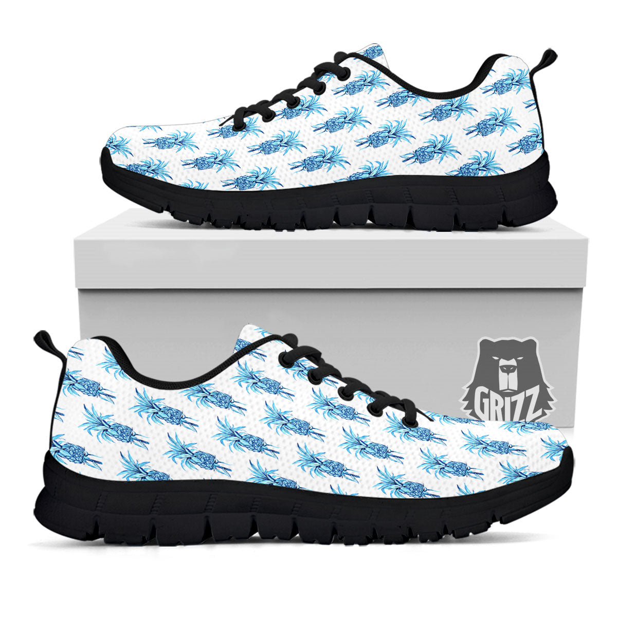 Pineapple Blue Leaf Print Pattern Black Sneaker-grizzshop
