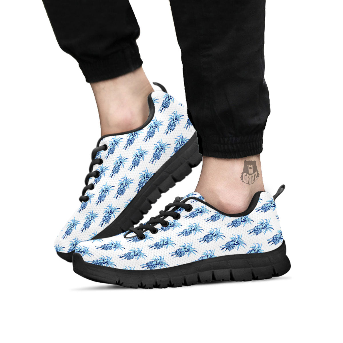 Pineapple Blue Leaf Print Pattern Black Sneaker-grizzshop