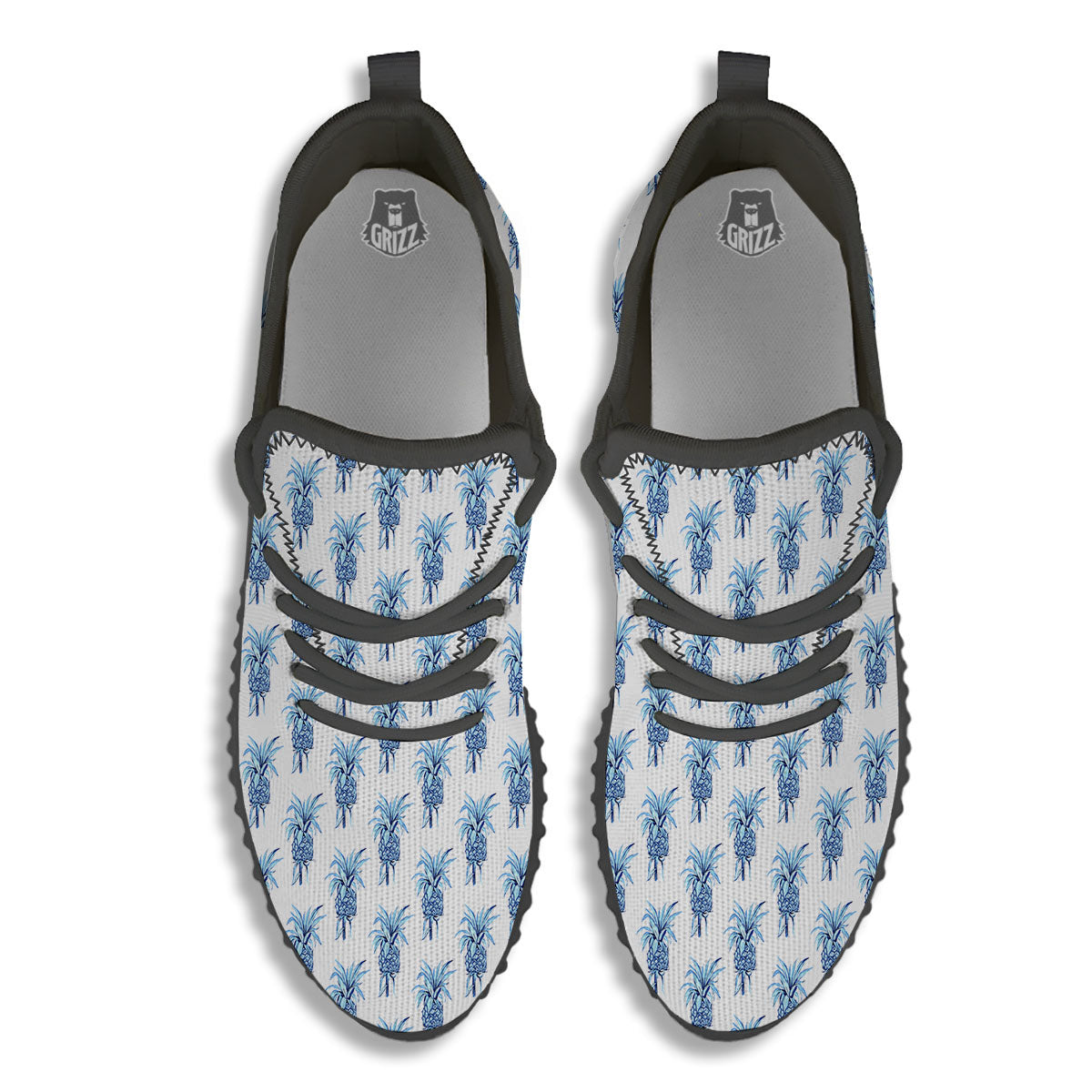 Pineapple Blue Leaf Print Pattern Black Walking Shoes-grizzshop