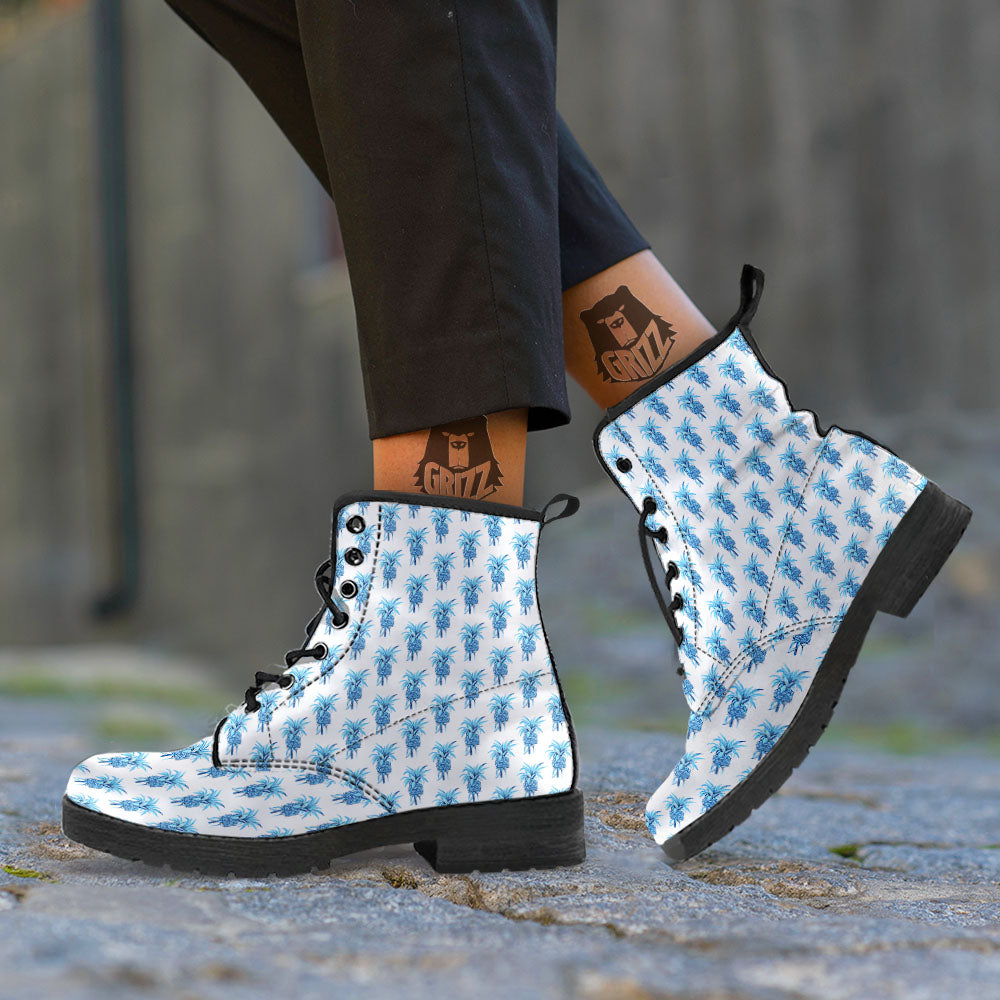 Pineapple Blue Leaf Print Pattern Leather Boots-grizzshop
