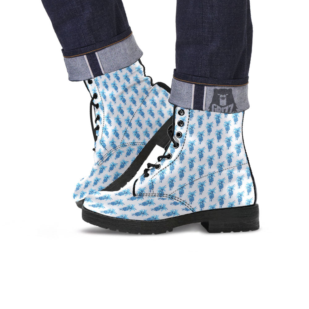 Pineapple Blue Leaf Print Pattern Leather Boots-grizzshop