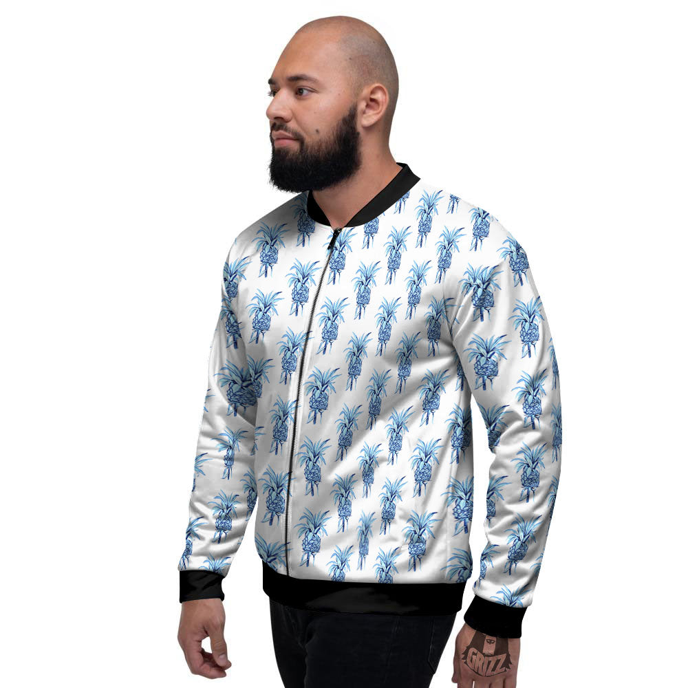 Pineapple Blue Leaf Print Pattern Men's Bomber Jacket-grizzshop