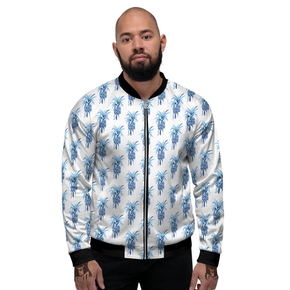 Pineapple Blue Leaf Print Pattern Men's Bomber Jacket-grizzshop