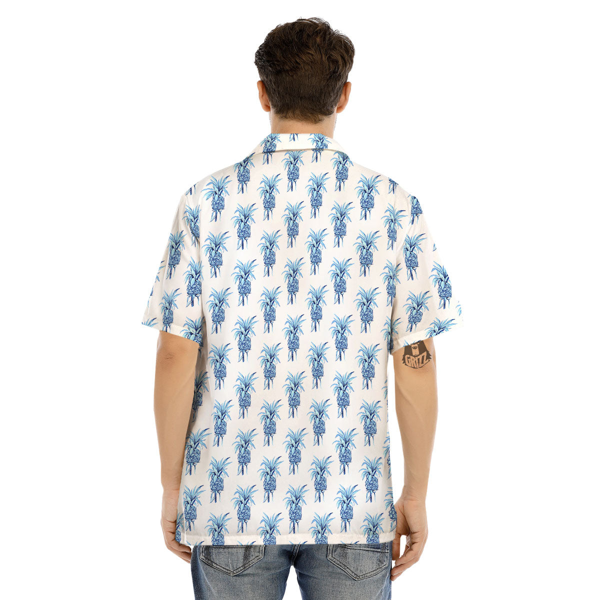 Pineapple Blue Leaf Print Pattern Men's Hawaiian Shirt-grizzshop