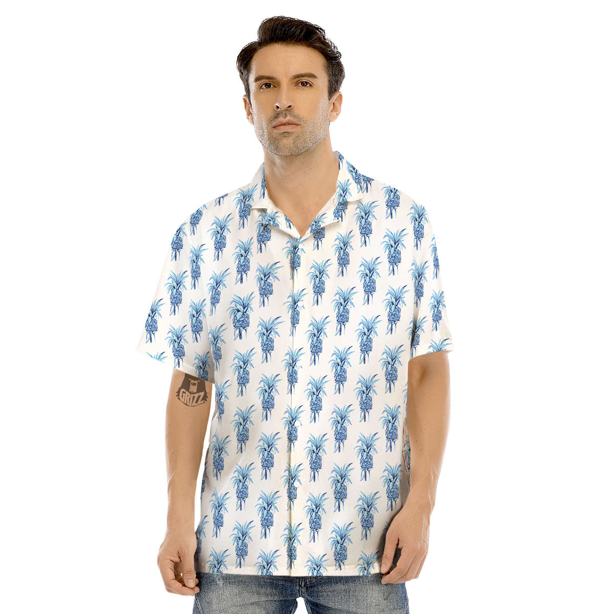Pineapple Blue Leaf Print Pattern Men's Hawaiian Shirt-grizzshop