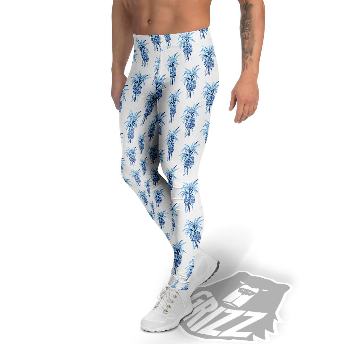 Pineapple Blue Leaf Print Pattern Men's Leggings-grizzshop