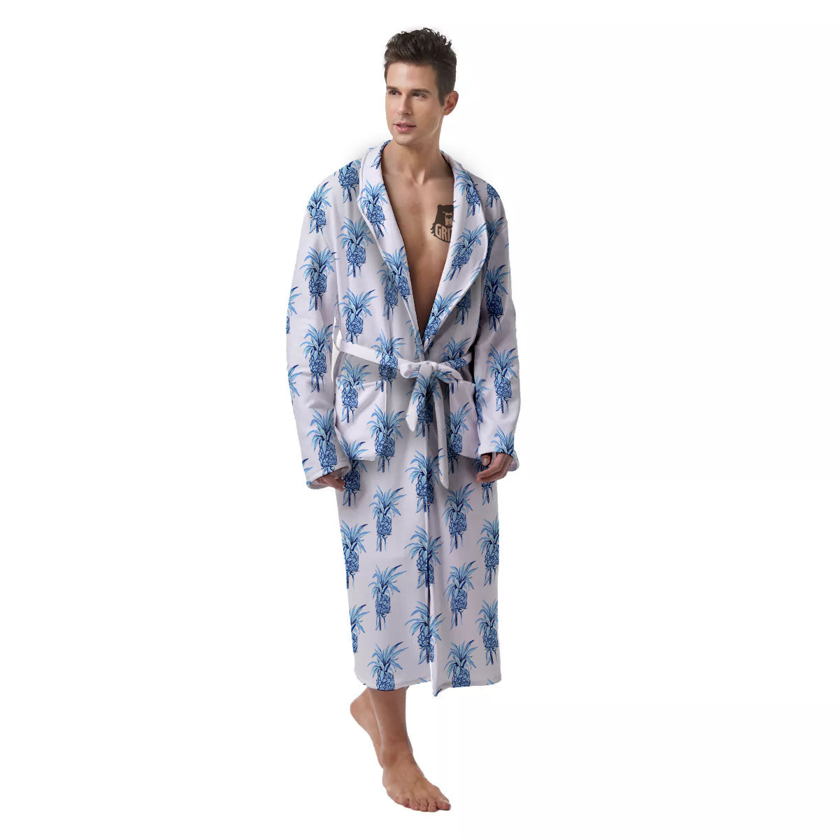 Pineapple Blue Leaf Print Pattern Men's Robe-grizzshop
