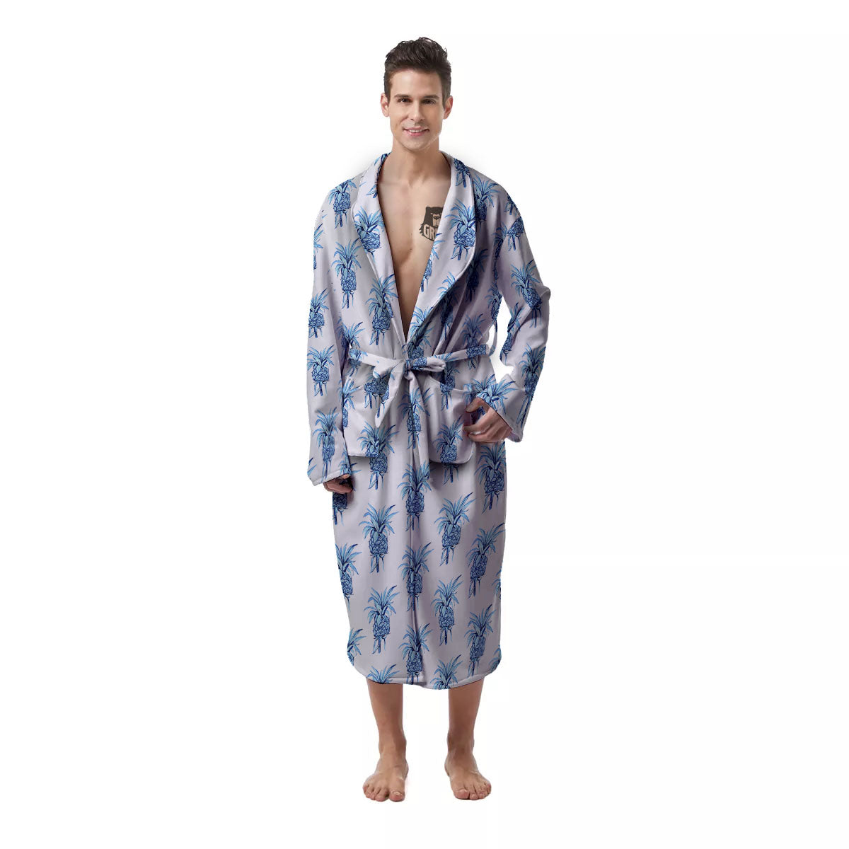 Pineapple Blue Leaf Print Pattern Men's Robe-grizzshop