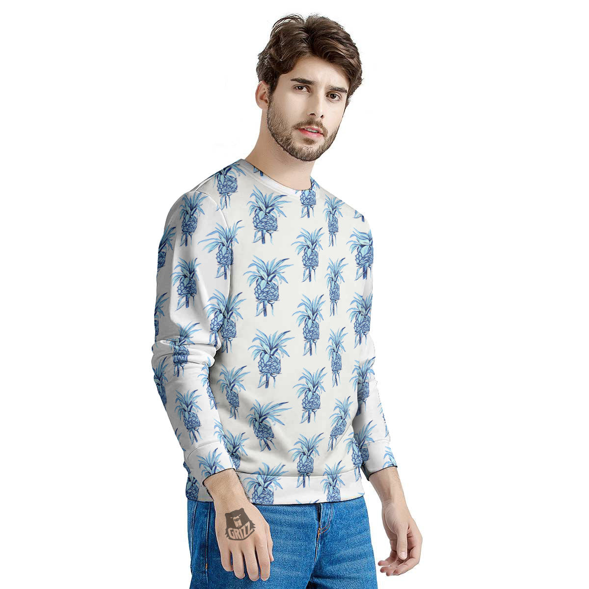 Pineapple Blue Leaf Print Pattern Men's Sweatshirt-grizzshop