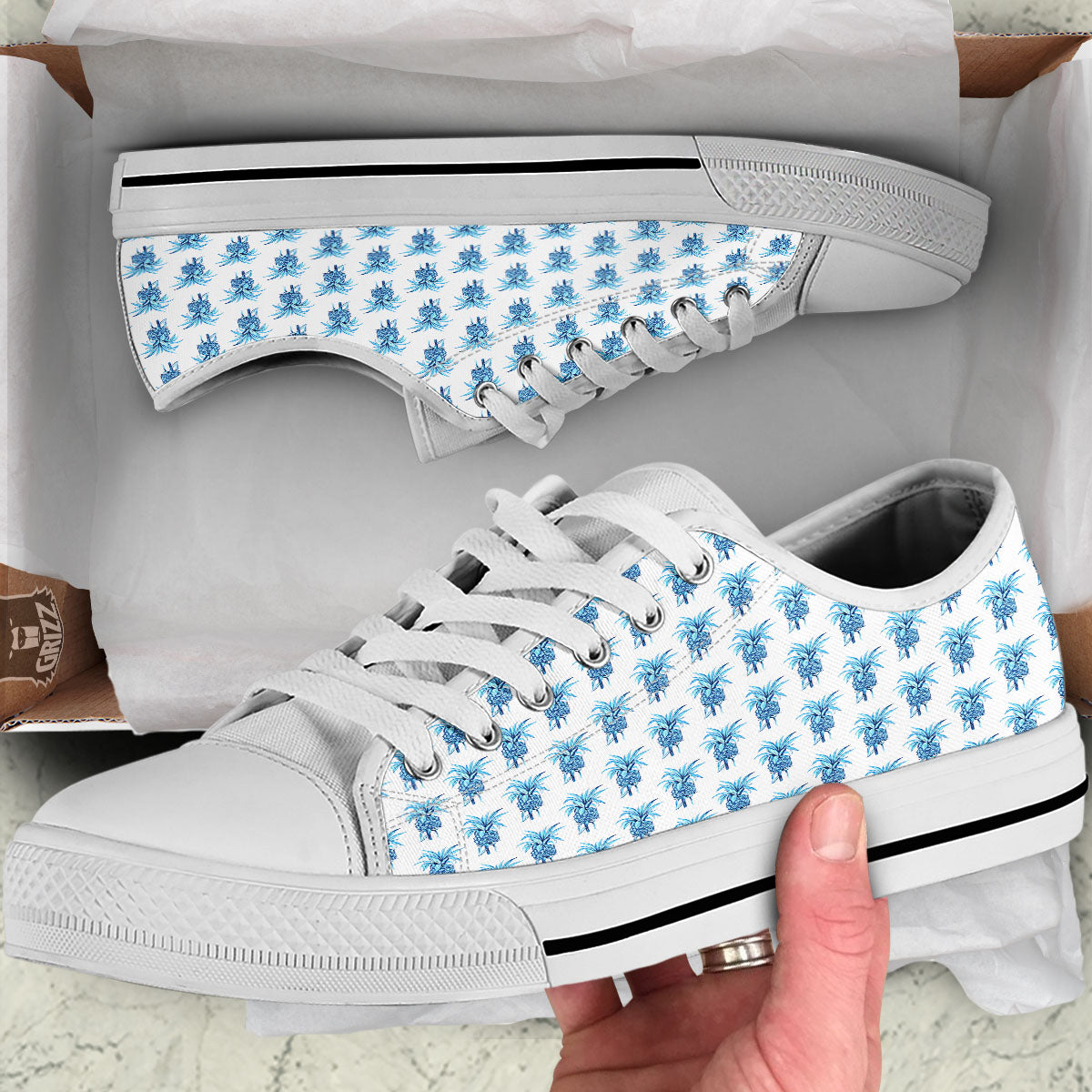 Pineapple Blue Leaf Print Pattern White Low Top Shoes-grizzshop