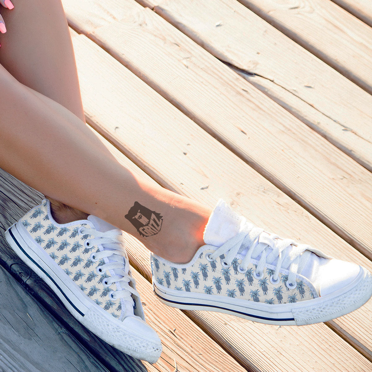 Pineapple Blue Leaf Print Pattern White Low Top Shoes-grizzshop