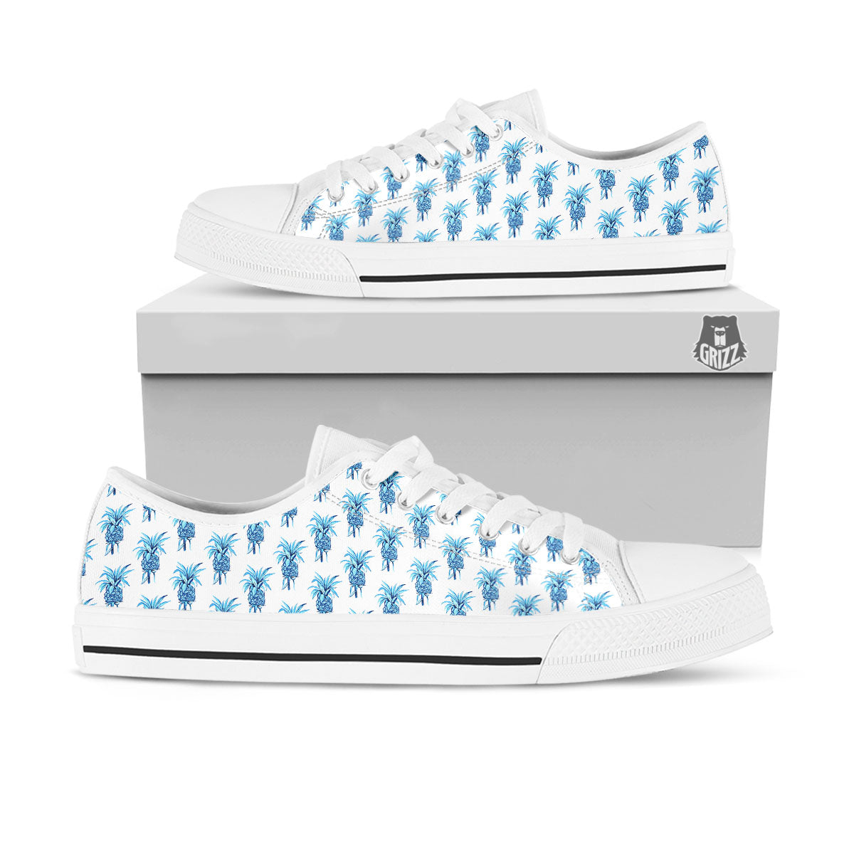 Pineapple Blue Leaf Print Pattern White Low Top Shoes-grizzshop