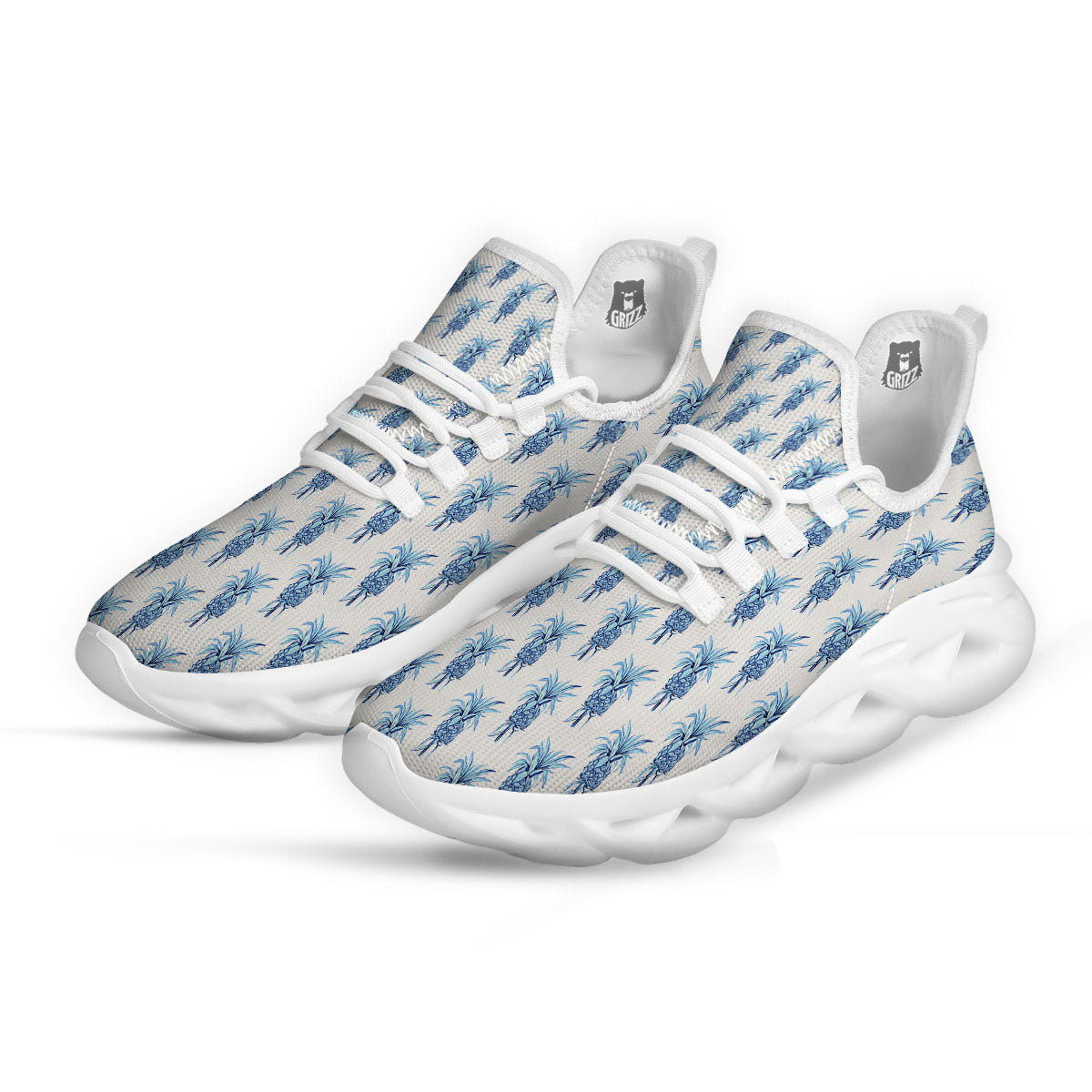 Pineapple Blue Leaf Print Pattern White Running Shoes-grizzshop