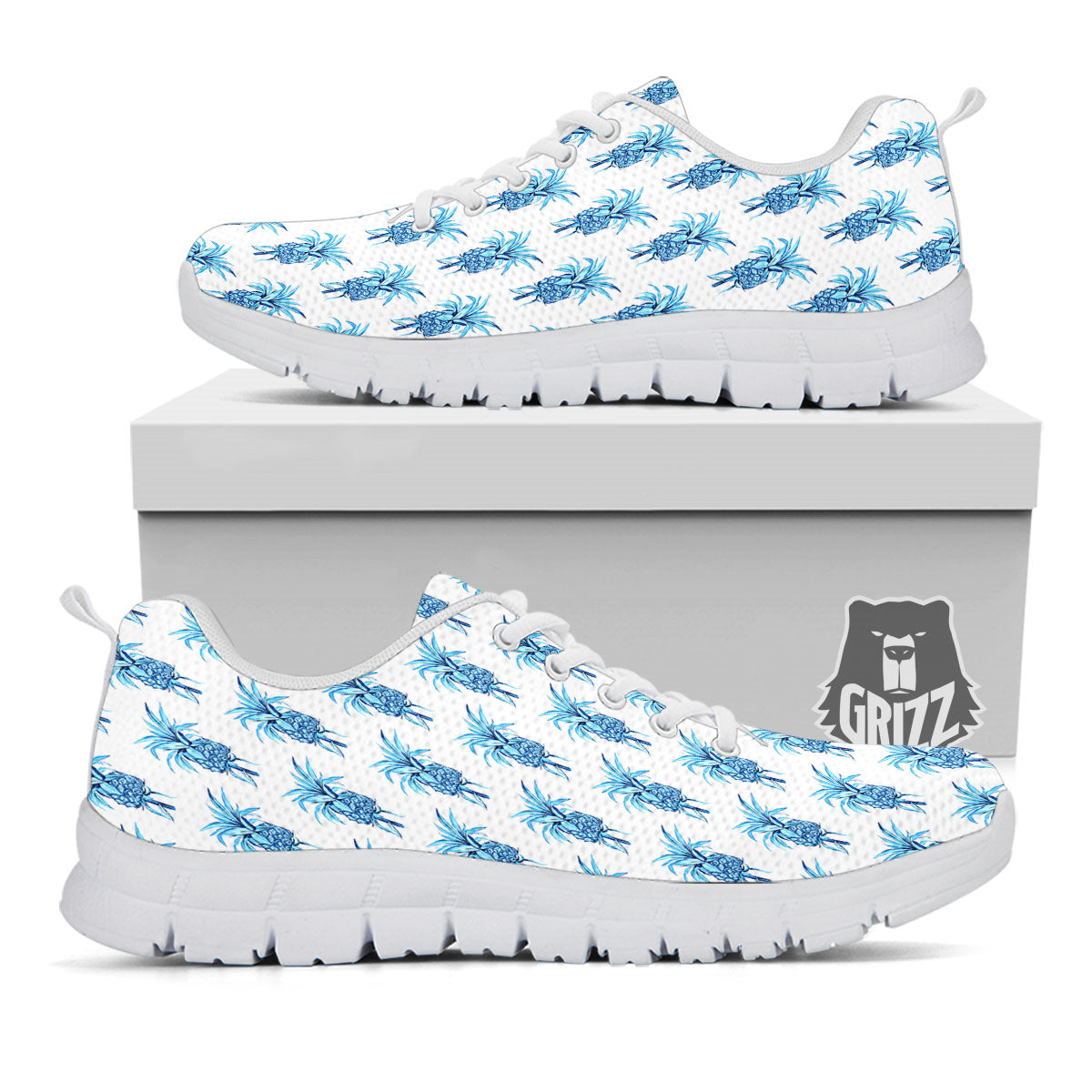 Pineapple Blue Leaf Print Pattern White Sneaker-grizzshop