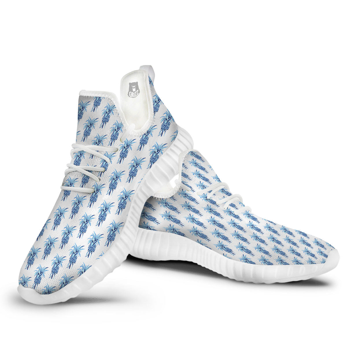 Pineapple Blue Leaf Print Pattern White Walking Shoes-grizzshop