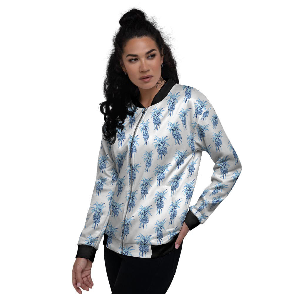 Pineapple Blue Leaf Print Pattern Women's Bomber Jacket-grizzshop