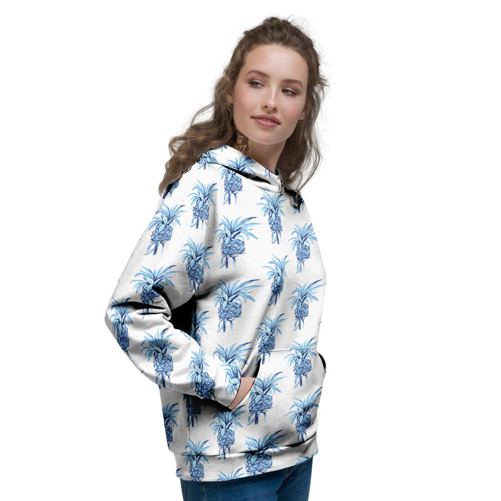 Pineapple Blue Leaf Print Pattern Women's Hoodie-grizzshop