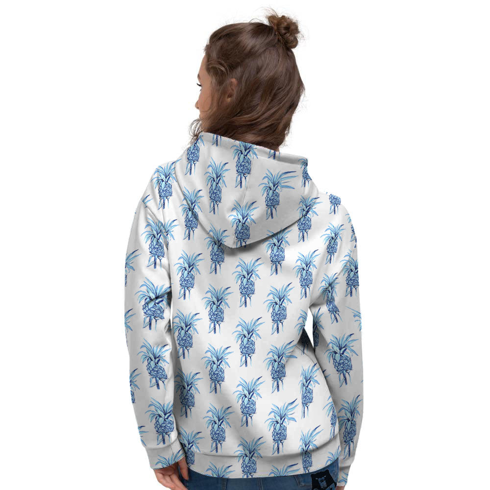 Pineapple Blue Leaf Print Pattern Women's Hoodie-grizzshop