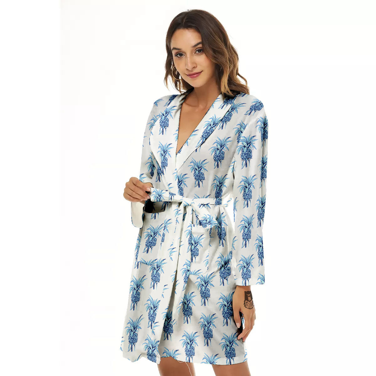 Pineapple Blue Leaf Print Pattern Women's Robe-grizzshop