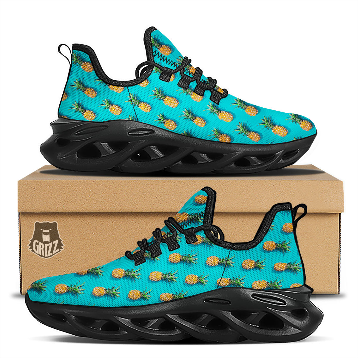 Pineapple Blue Print Pattern Black Running Shoes-grizzshop