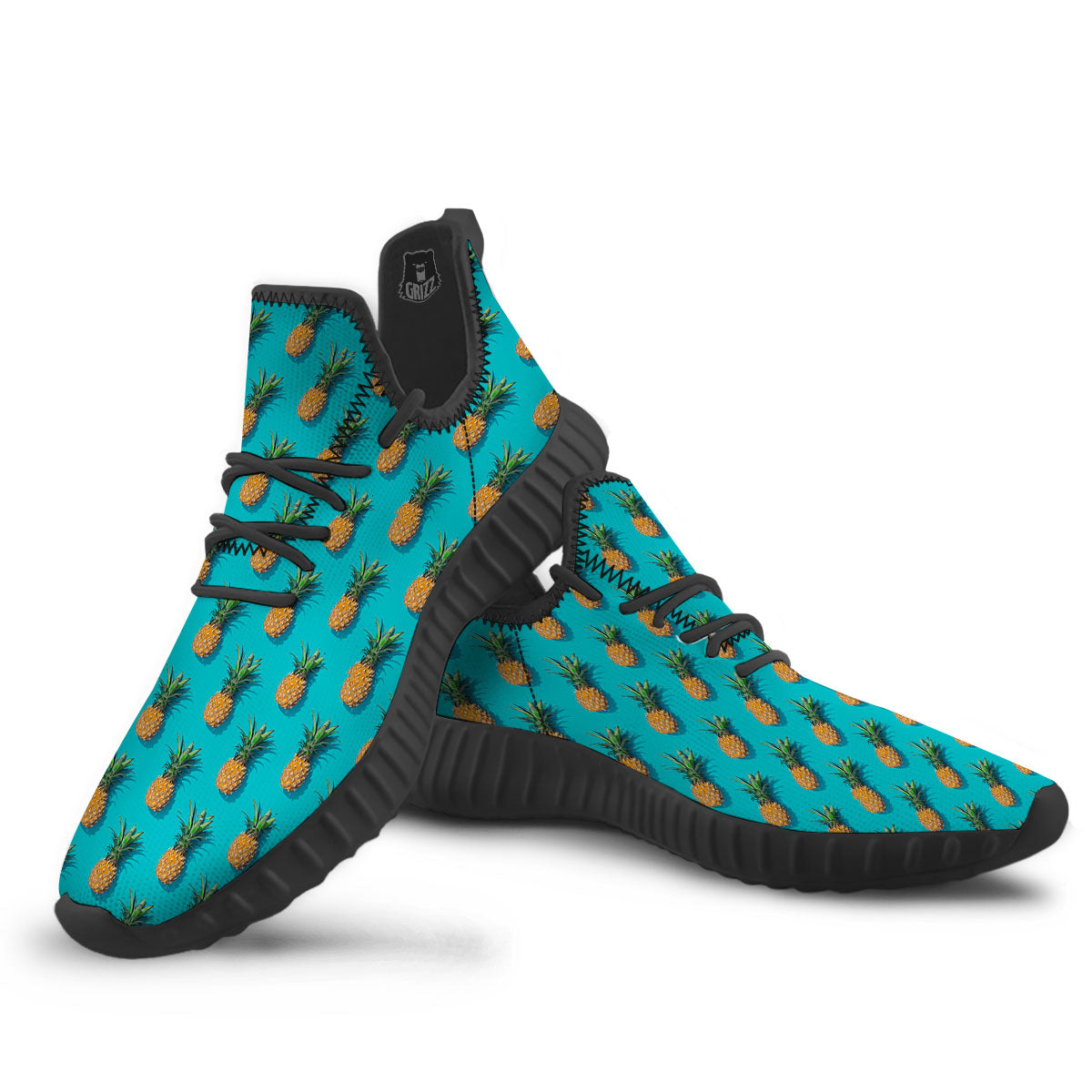 Pineapple Blue Print Pattern Black Walking Shoes-grizzshop