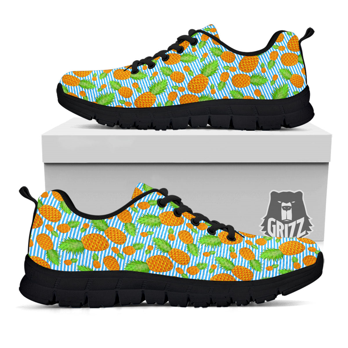 Pineapple Blue Striped Print Pattern Black Sneaker-grizzshop