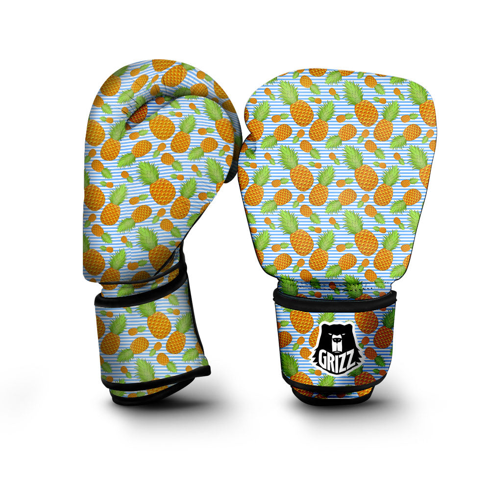 Pineapple Blue Striped Print Pattern Boxing Gloves-grizzshop
