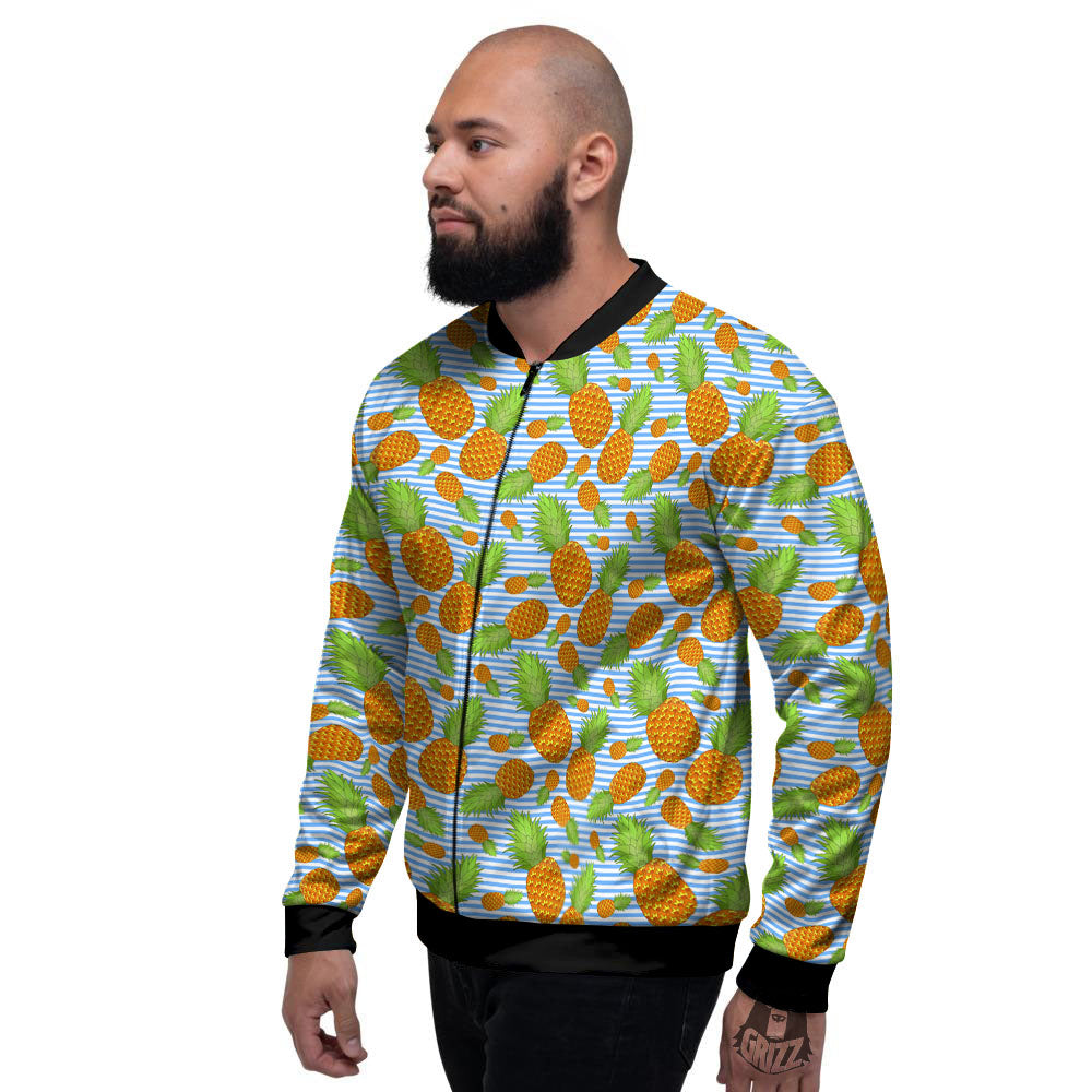 Pineapple Blue Striped Print Pattern Men's Bomber Jacket-grizzshop