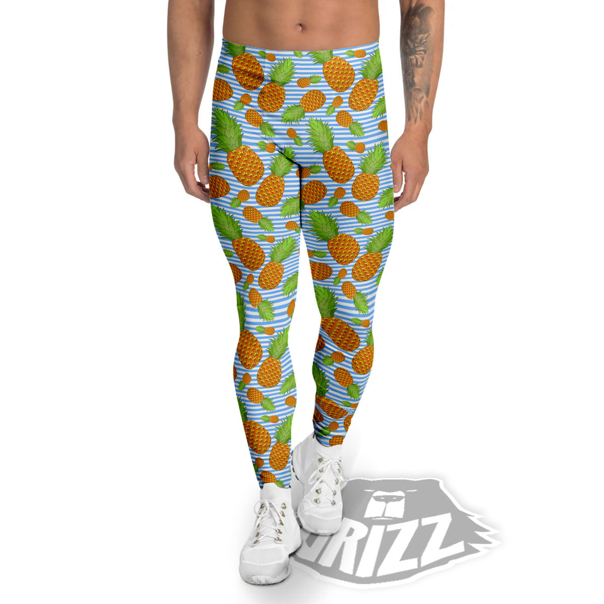 Pineapple Blue Striped Print Pattern Men's Leggings-grizzshop