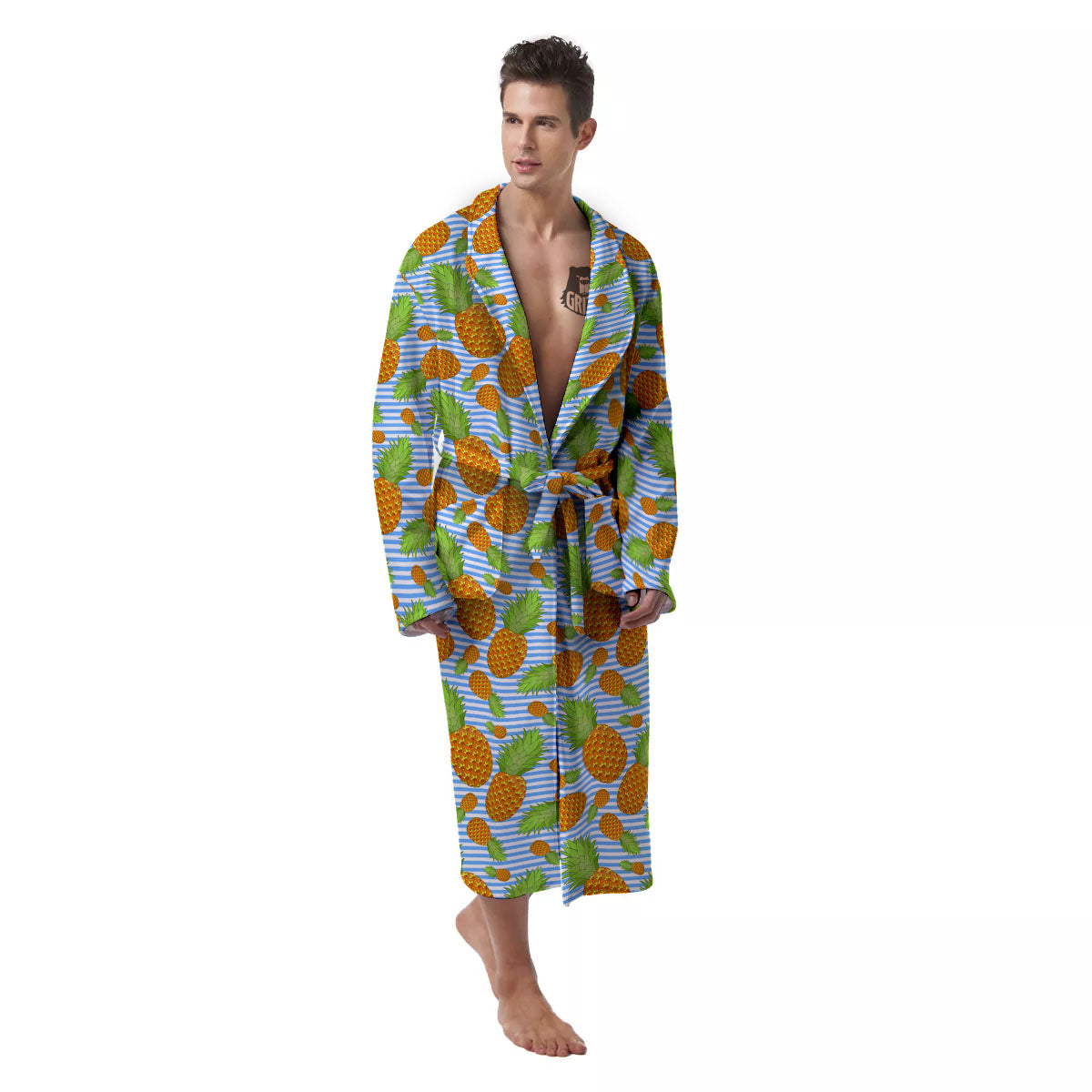 Pineapple Blue Striped Print Pattern Men's Robe-grizzshop